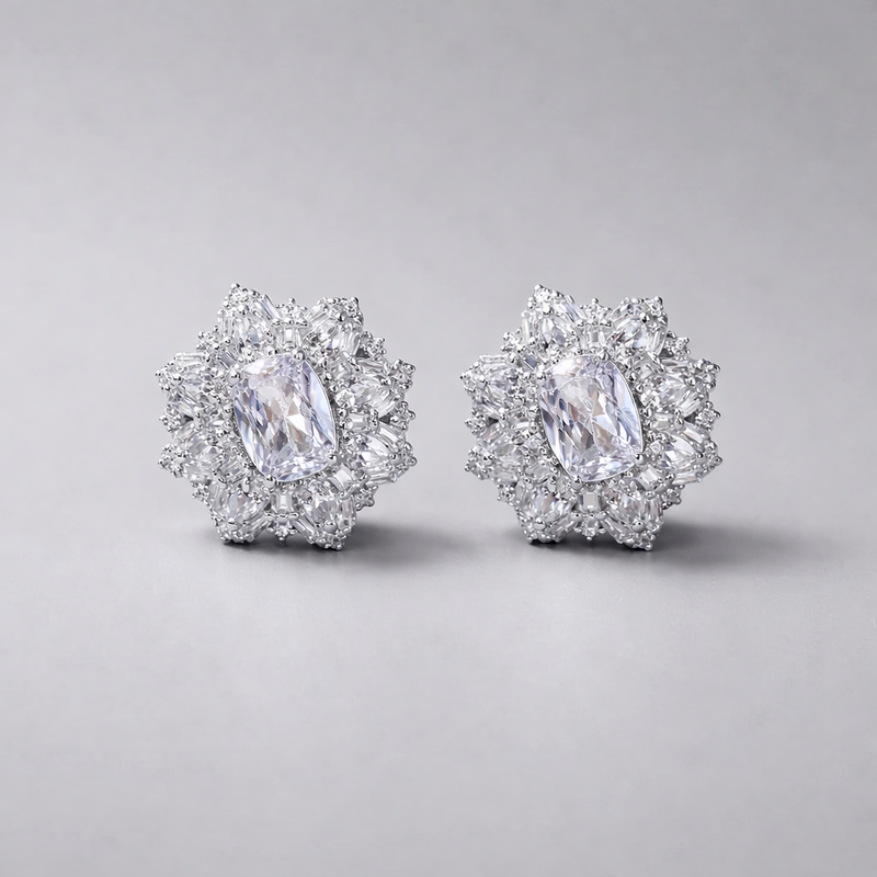 Oval Diamond Look Floral Stud Earrings